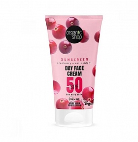 ORGANIC SHOP saules aizsargkrēms sejai SPF50 ar Dzērveņu ekstraktu, 50ml